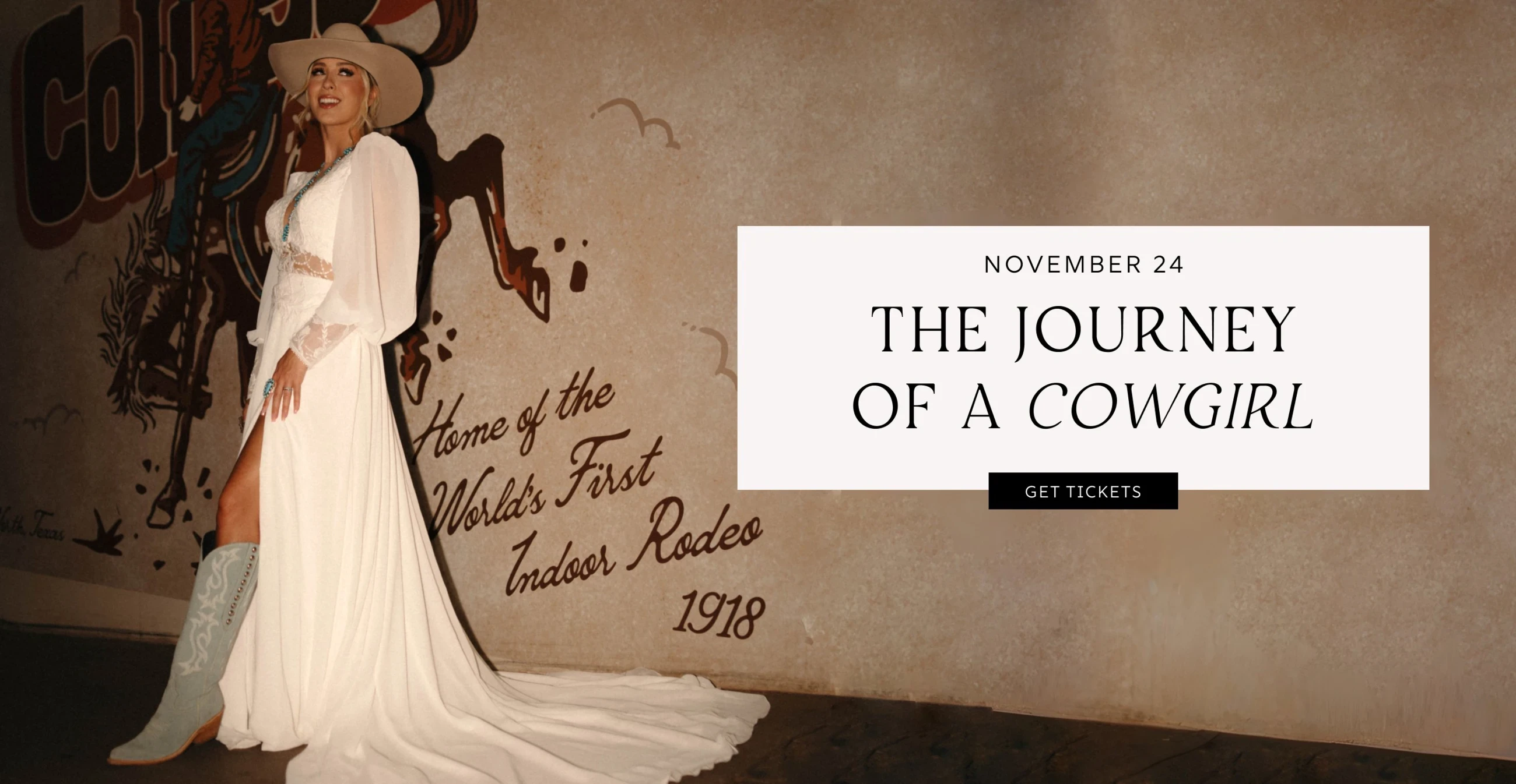 Morgan Nicole wearing bridal gown, The Journey of a cowgirl desktop banner