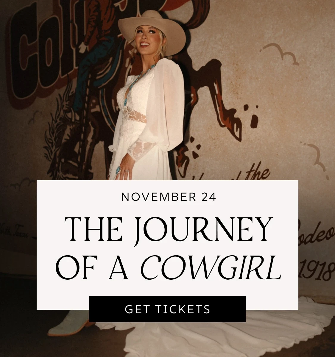 Morgan Nicole wearing bridal gown, The Journey of a cowgirl mobile banner